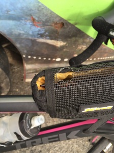 My bike top bar bag ,after last night in a barn. Mice ate into it to get to a sweet in it! 